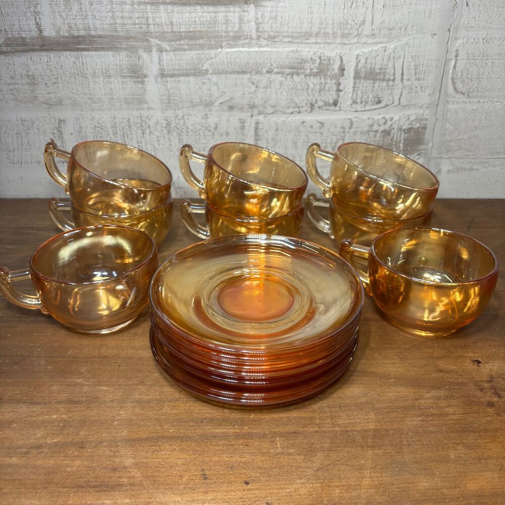 Vintage Jeanette Glass Marigold Iridescent Carnival Glass Teacups And Saucer Set